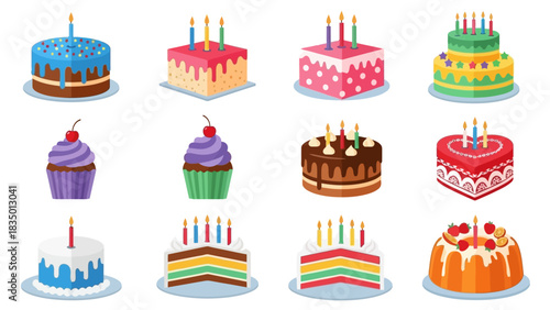 Colorful Cartoon Cakes and Cupcakes Collection for Celebration and Birthday Party Design