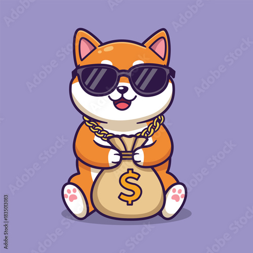 Cute Vector Illustration of a Shiba Inu in Sunglasses Holding Money Bag on Purple Background