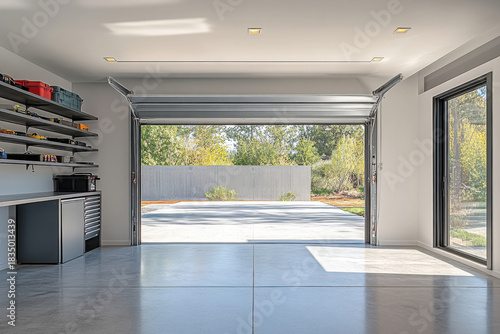 Spacious home garage with tool shelves view from inside the garage