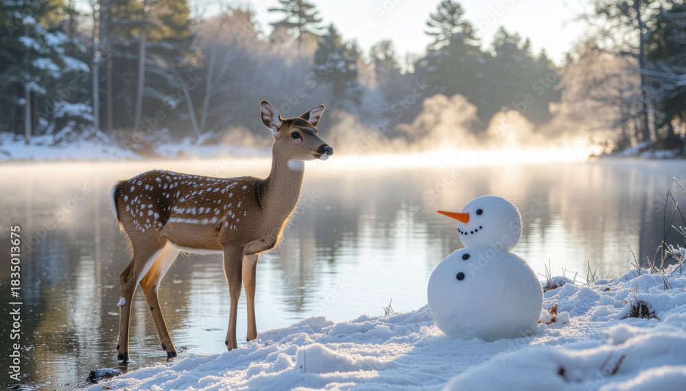 Fototapeta premium Young deer stands by snowman near serene, misty lake in winter forest, creating peaceful and whimsical scene