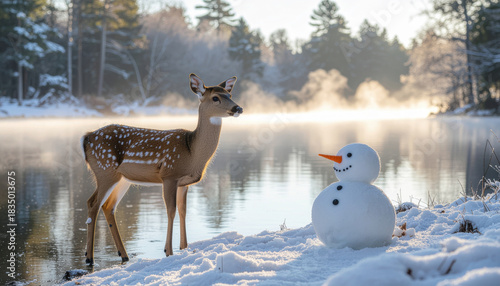 Young deer stands by snowman near serene, misty lake in winter forest, creating peaceful and whimsical scene