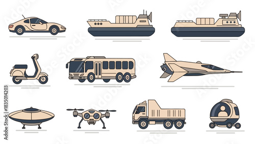Diverse transportation methods showcasing car, boat, scooter, bus, plane and futuristic vehicles