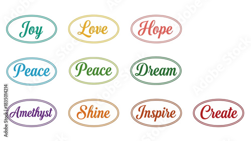 Colorful Collection of Positive Words in Decorative Ovals for Inspiration and Design