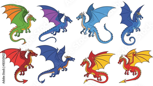 Colorful Dragons: A Set of Cartoon Fantasy Creatures in Flight with Diverse Hues