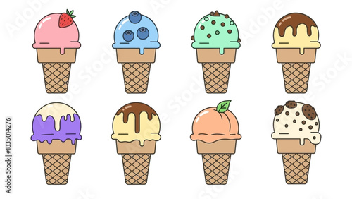 Colorful ice cream cones vector illustration, diverse flavors and toppings graphic design