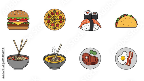 Delicious meal vector icons of diverse foods for restaurants and food industries
