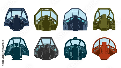 Diverse Cockpit Designs for Spaceships and Aircrafts in Flat Vector Illustration style