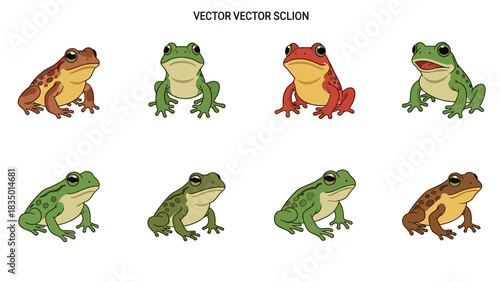 Diverse collection of cartoon frogs showcasing different colors and expressions in vector format
