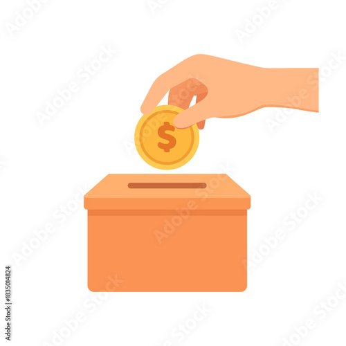 Hand putting a dollar coin into a donation box, representing charity, generosity, and financial support for community or fundraising projects. Vector illustration.