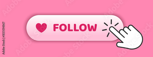 Social media follow button with heart icon and hand pointer, including mobile app interface and search bar design, perfect for subscribe and engagement concepts in web and digital platforms. Vector