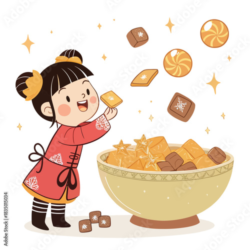 A young girl in traditional dress picking candy from a festive bowl
