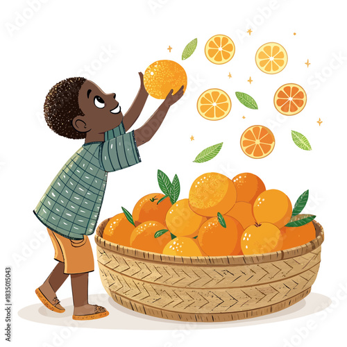 African boy arranging oranges in a woven basket