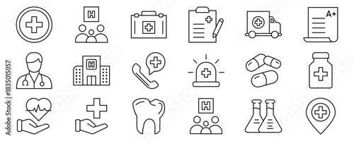 Healthcare Medical Line Icons Set with Editable Stroke for Hospital, Doctor, Medicine, and Health Management