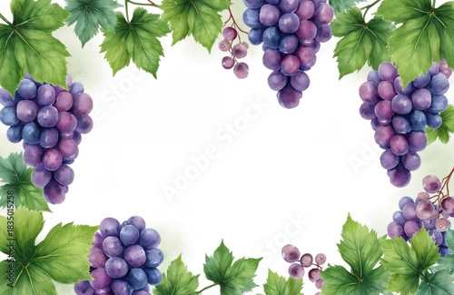 Wallpaper Mural Watercolor illustration featuring grape bunches and green leaves forming a frame. Perfect design elements for winery products menu design or food related blog. Torontodigital.ca