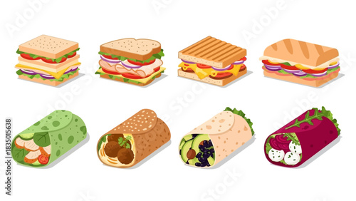 Isometric sandwiches and wraps variety concept with delicious ingredients combinations food