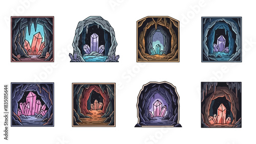 Magical crystal caves cartoon style vector illustration perfect for fantasy concepts