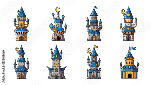 Magical fantasy castles cartoon illustration, whimsical architecture for fairytale concept designs