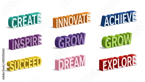 Motivational 3D Words on White Background for Success and Inspiration, create innovate