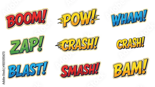 Dynamic Comic Book Sound Effects Collection: Bold Cartoon Word Art Set For Creative Projects