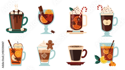 Festive collection of warming winter drinks in cozy mugs for holiday celebrations