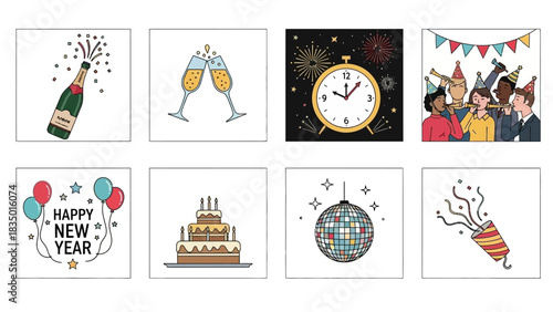 Festive New Year's Celebration Graphic Illustrations with Champagne Cake and Disco Ball