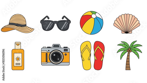 Flat vector illustration of summer beach vacation essentials and tropical elements