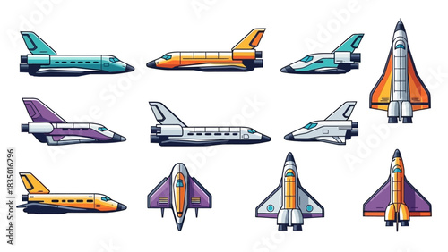 Illustration featuring a collection of diverse and colorful space shuttle designs vector