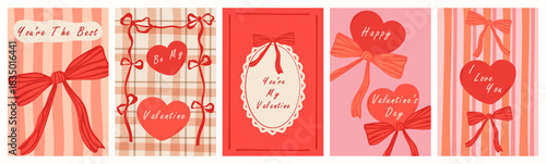 A set of five Valentine's Day cards with bows, hearts, and romantic messages. The concept of this Valentine's Day greeting card is love and celebration.