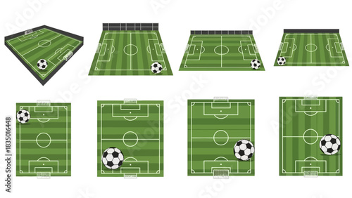 Isometric football field and soccer ball illustrations offer varied perspectives ideal for sport