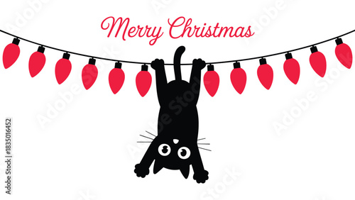 Cute black cat hanging upside down from a festive Christmas light garland with red bulbs, playful Merry Christmas holiday illustration perfect for greeting cards, seasonal designs, and decor projects