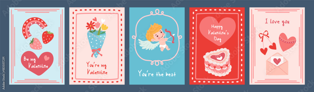 Fototapeta premium A set of five Valentine's Day greeting cards featuring a variety of romantic elements, including cupids, hearts, flowers, and sweet messages to celebrate love.