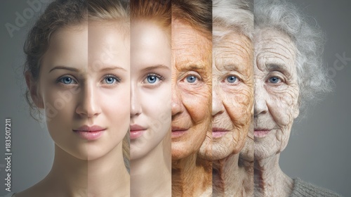 Collage showcasing the journey of female faces through different life stages from youth to old age, reflecting beauty and experience over time