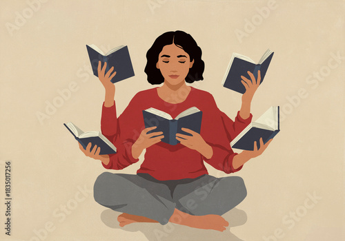 Woman with multiple arms reading five books at the same time - avid reader
