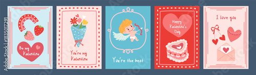 A set of five Valentine's Day greeting cards featuring a variety of romantic elements, including cupids, hearts, flowers, and sweet messages to celebrate love.