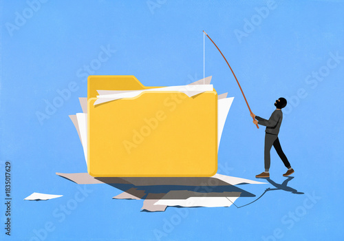 Masked burglar with fishing rod fishing for file folder documents
