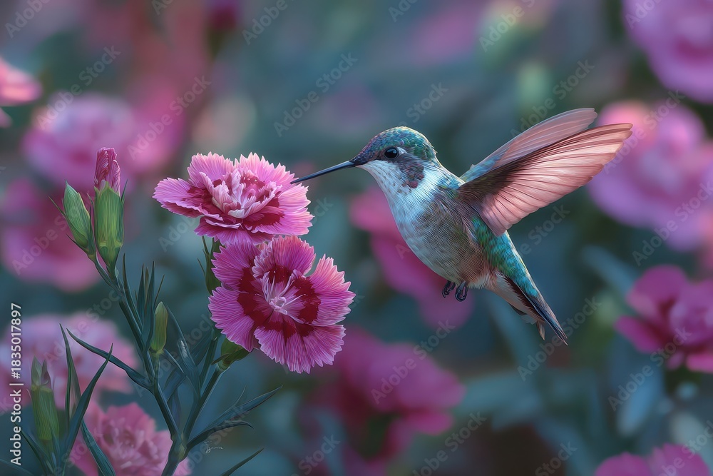 Naklejka premium Hummingbird hovering near pink dianthus flowers in a vibrant garden setting during the golden hour of late afternoon