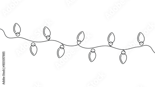 Minimalist continuous line art of decorative holiday string lights, elegant single-line festive bulb garland, simple Christmas illumination design for seasonal celebrations and creative graphic projec
