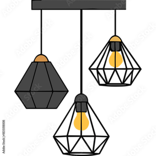 Modern Geometric Pendant Light Fixture with Three Black Diamond and Conical Shades and Warm Yellow Edison Bulbs Hanging from a Dark Gray Ceiling Mount in a Minimalist Interior Design