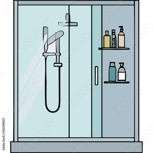 Modern Glass Shower Enclosure With Shelves Holding Various Toiletries And A Rainfall Shower Head Illuminated By Soft Natural Light