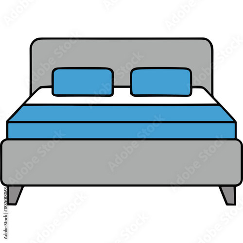 Modern Gray Bed With Blue And White Bedding Isolated On Black Background Featuring Two Pillows And A Mattress.