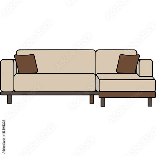 Modern Beige Sectional Sofa with Two Brown Accent Pillows on a Simple Flat Design Minimalist Living Room Furniture Element Isolated on Black Background