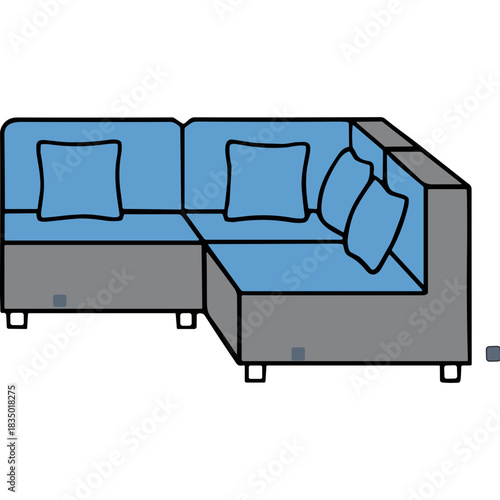 Modern Blue L Shaped Sectional Sofa with Grey Base and Square Pillows in a Minimalist Interior Setting
