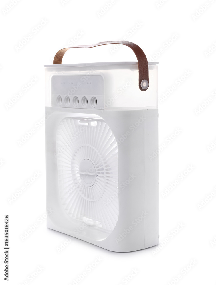Fototapeta premium Stylish portable table fan with humidifier on white background