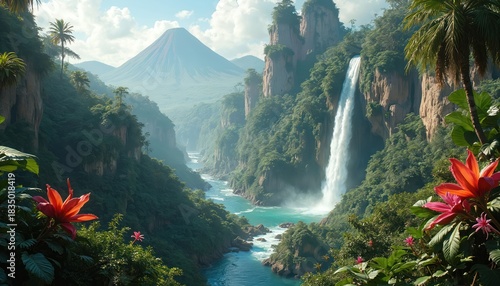 Vast jungle valley with towering cliffs reveals a massive waterfall cascading into a blue river. Exotic flowers bloom near palm trees, with a volcano looming in distant haze.