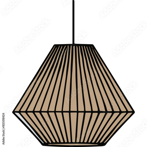 Modern Cone Shaped Pendant Lamp Made of Natural Wood Strips Hanging from Ceiling with Reflection on Dark Background Elegant Interior Lighting Fixture