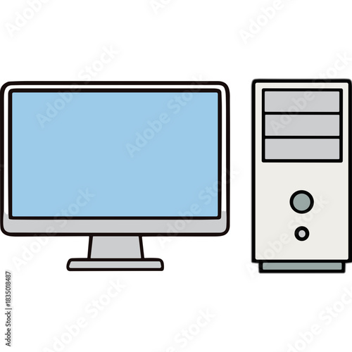 Modern Desktop Computer With Flat Screen Monitor And Tower Unit Featuring Light Blue Screen On A Black Background With Simple Line Art Style