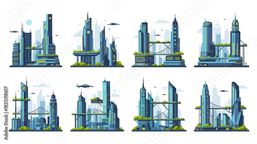Set of eight futuristic cityscapes featuring sleek buildings and flying vehicles with modern design