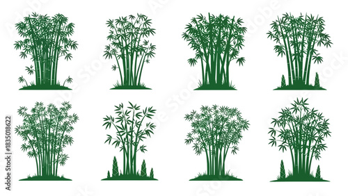Set of green bamboo tree illustrations on a white background for design material use