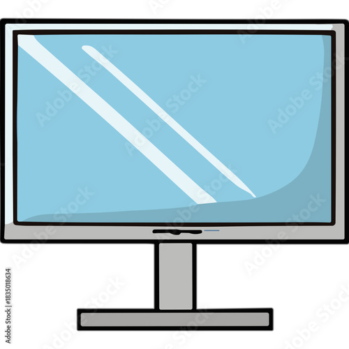 Modern flat screen computer monitor with a light blue display reflecting soft light and a silver bezel on a minimalist stand against a plain black background, digital art style illustration
