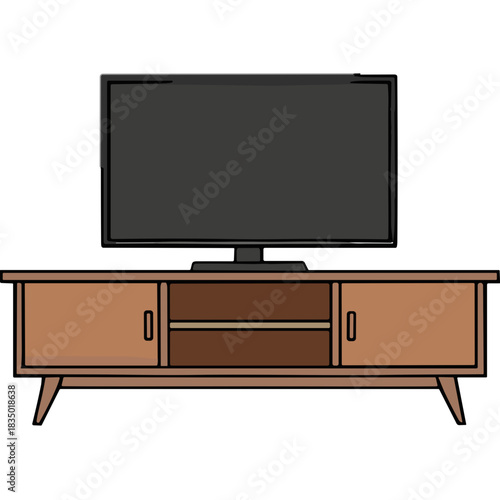 Modern Flat Screen Television Set Mounted On A Mid Century Style Entertainment Stand With Two Cabinets And Open Shelving In A Minimalist Black Background